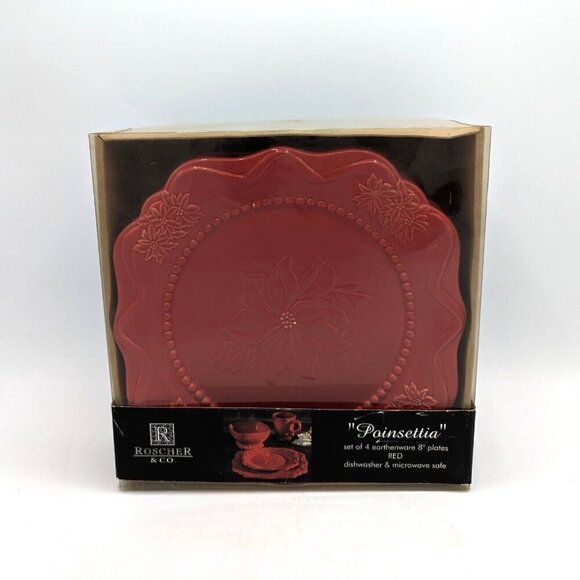 NIB 4pc Set Roscher Stoneware Poinsettia Red Christmas Salad Plates Embossed 8” - Picture 1 of 4